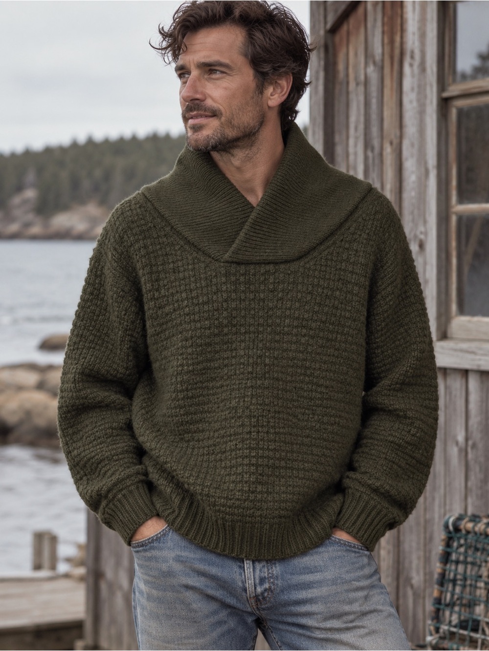 Vintage Eddie Bauer Men’s L 100% Wool Olive Green Shawl Collar Sweater
